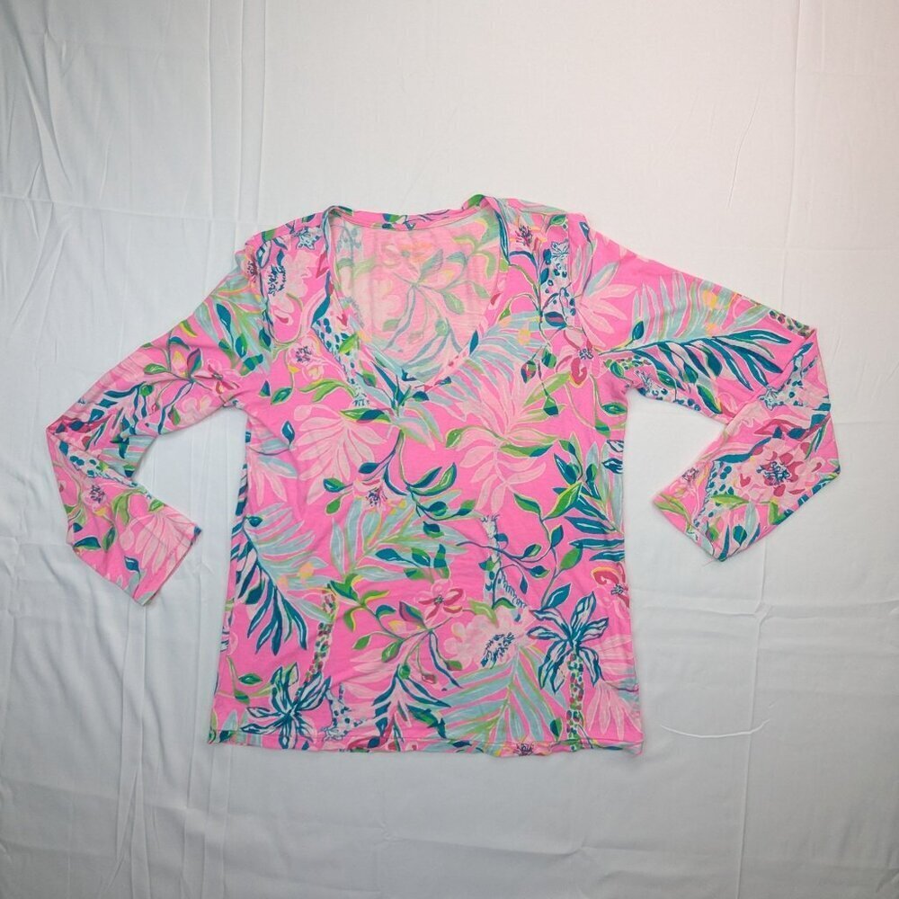 Lilly Pulitzer Long Sleeve V-Neck Top – Pink Tropical Floral Print Size S